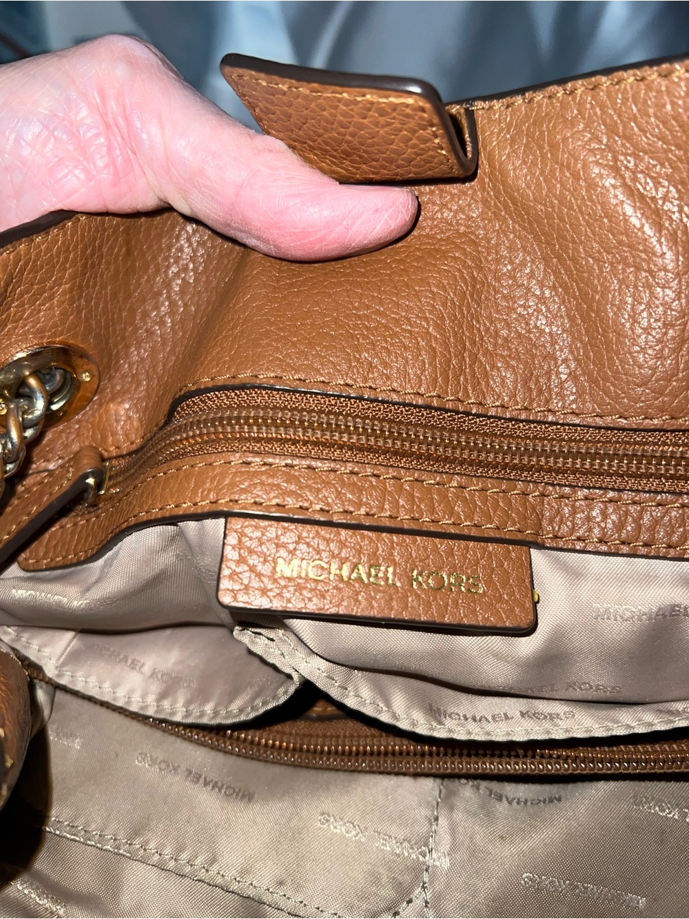 Michael Kors Cognac Pebbled Leather Crossbody Bag with Chain Straps - Picture 8 of 12